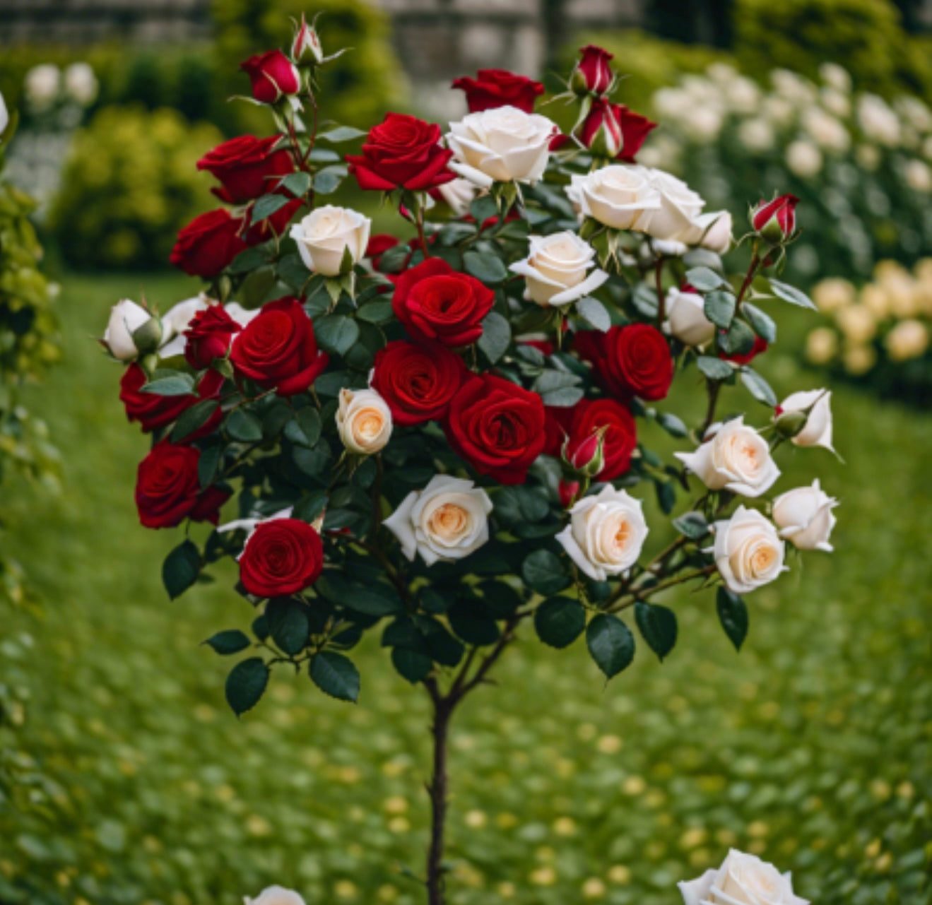 Trandafir pomișor în 2 culori - roșu și alb STRAWBERRY YOGURT ghiveci, inaltime intre 1.40m si 1.60m